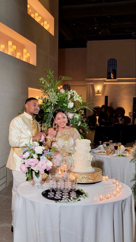 Here we are in our traditional khmer wedding attire! Khmer Wedding Decorations, Lao Wedding, Laos Wedding, 2023 Bride, Cambodian Wedding, Mnm Couture, Khmer Wedding, Pretty Ppl, Wedding Attire