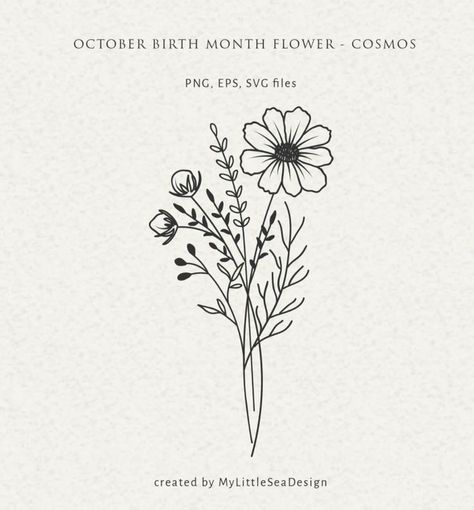 October Month Tattoo, October Birth Flower Bouquet Tattoo, October Birth Flower Drawing, Larkspur Flower Drawing Simple, Birth Flower Tattoos October, Birthflower October Tattoo, October Birth Tattoo Ideas, Cosmos And Marigold Tattoo, Mary Gold Flower Tattoo