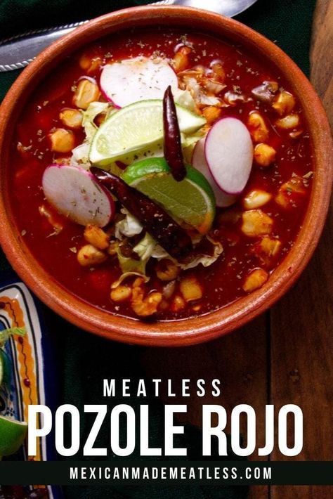 Authentic Mexican flavors are in this bowl of vegan pozole rojo Vegan Pozole, Mexican Pozole, Healthy Hearty Soup, Menudo Recipe, Posole Recipe, Vegetarian Mexican Recipes, Pozole Recipe, Vegetarian Mexican, Vegan Mexican Recipes