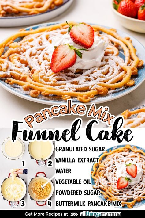 Homemade Funnel Cakes Easy, Funnel Cake Recipe Pancake Batter, Funnel Cake Flavor Ideas, At Home Funnel Cake, Pancake Funnel Cake, Cake From Pancake Mix How To Make, Peach Cobbler Funnel Cake, Diy Funnel Cake Pancake Batter, Funnel Cake Fries Recipe With Pancake Mix Easy