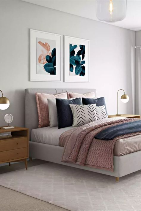 Grey Pink Blue Bedroom, Pink And Blue Guest Bedroom, Navy Pink White Bedroom, Navy Blue White Grey Pink Bedroom, Pink Blue And Grey Bedroom, Blue Pink White Gray Bedroom, Blue Pink Bedding, Grey Pink Gold Bedroom, Blue White Pink Bedroom