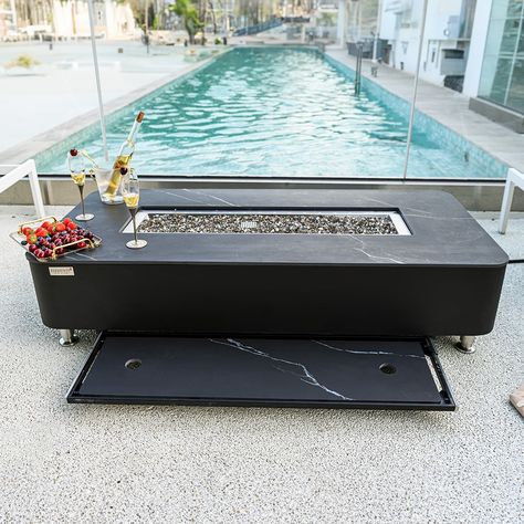 Elevate your outdoor gatherings with our stunning rectangular gas fire pit. Made with high-quality concrete marble with a 16 gauge 304 stainless steel burner, this premium fire pit for outside is a beautiful addition to any patio or deck. Our outdoor patio fire pit is perfect for cooler evenings, providing warmth and comfort as you enjoy your time outside. The fire pit table is made of durable handcrafted GFRC base and marble porcelain top and the rectangular shape offers plenty of room for fami Black Fire Pit, Rectangular Gas Fire Pit, Fireplace Table, Firepit Table, Smokeless Fire Pit, Gas Fire Pits, Concrete Marble, Glass Fiber Reinforced Concrete, Natural Gas Fire Pit