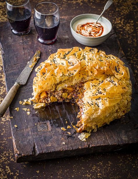 An aromatic blend of lamb, sweet spices, harissa and sweet potato, all wrapped-up in a crisp filo case and drenched in yogurt hummus sauce Hummus Sauce, Lamb Pie, Filo Pie, Lamb Dishes, Filo Pastry, Vegetable Puree, Savory Pie, Lamb Recipes, Pastry Recipes