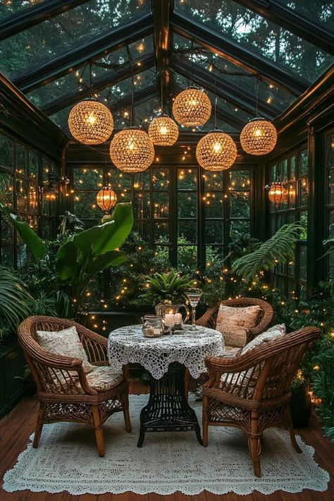 Vintage Christmas Conservatory Conservatory Christmas Decor, Conservatory Fairy Lights, Conservatory Bar Ideas, Conservatory Lighting Ideas, Butterfly Greenhouse, Dark Conservatory, Christmas Conservatory, Conservatory Ideas Interior Decor, Conservatory Ideas Interior