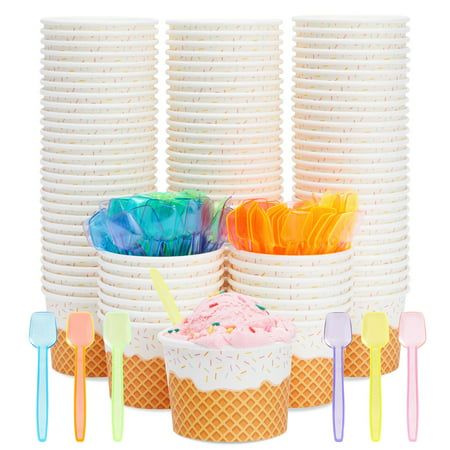 Item Description Serve a variety of your favorite treats with our 100-pack of dessert bowls with gold glitter spoons. Crafted of sturdy paper material, these disposable ice cream cups are suitable for serving hot and cold food items alike. In addition to ice cream sundaes and frozen yogurt, you can use them to serve fruit cocktails, mousse, parfaits, macaroni, salad, and chili. These paper dessert cups feature an exterior coating to avoid leakage and unwanted messes. Our ice cream party cups are Ice Cream Party Decorations, Sundae Cup, Ice Cream Cups, Paris Birthday Parties, Sundae Bar, Horse Birthday Parties, Sprinkle Shower, Ice Cream Theme, Ice Cream Social