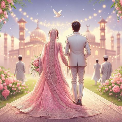 Nikkah Illustration, Nikkah Illustration Art, Wedding Art Illustration, Indian Wedding Baraat Illustration, Indian Wedding Digital Art, Animated Wedding Couple, Wallpapers Couple, Faceless Painting, Nikkah Animated Couple