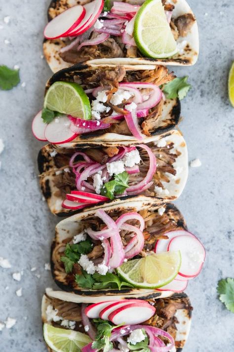 Carnitas Street Tacos, Street Taco Recipe, Queso Fresco Cheese, Slow Cooker Carnitas, Fresco Cheese, Quick Pickled Red Onions, Carnitas Tacos, Quick Pickled, Pork Carnitas