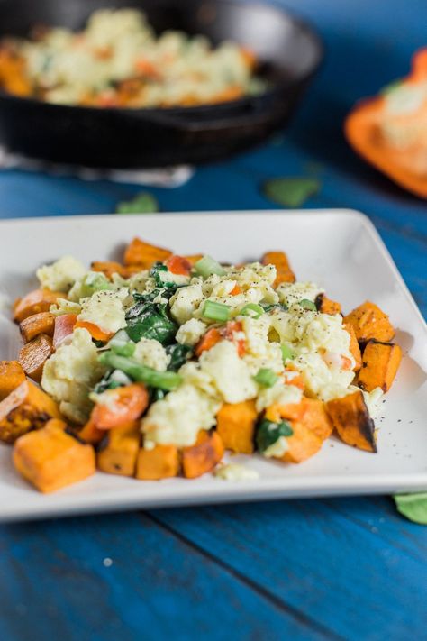 Sweet Potato Breakfast Skillet with Egg White Scramble - Dad With A Pan Sweet Potato Breakfast Recipes, Sweet Potato Egg, Breakfast Potatoes Skillet, Egg White Scramble, Healthy Breakfast Meals, Healthy Eating Routine, Egg White Breakfast, Nightshade Free Recipes, Week Meal Prep