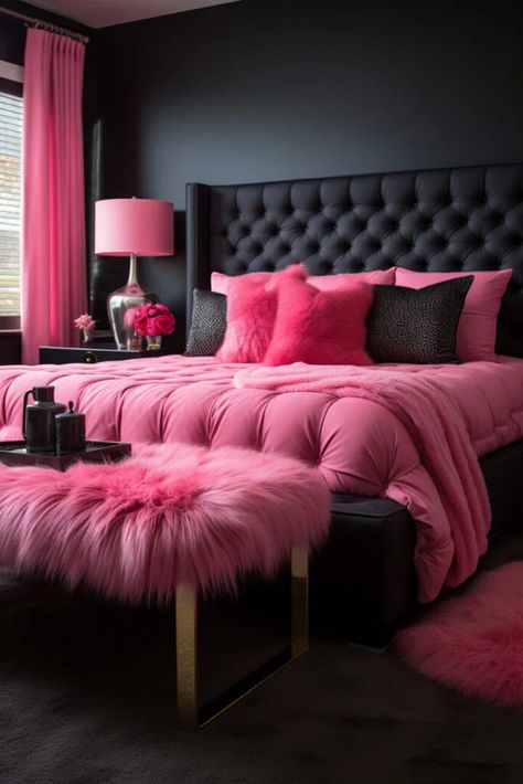 Pink Glam Bedroom, Pink Bedroom Inspirations, Pink Black Room, Bedroom Decorating Tips, Feminine Bedroom, Luxury Room Bedroom, Pink Bedroom Decor, Glam Bedroom, Dream Apartment Decor