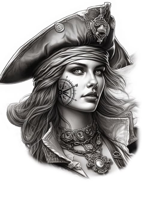 Pirate Queen Tattoo, Female Pirate Tattoo, Pirate Lady Tattoo, Pirate Pinup, Pirate Themed Tattoos, Pirates Tattoo, Pirate Girl Tattoos, Pirate Ship Drawing, Pirate Tattoos