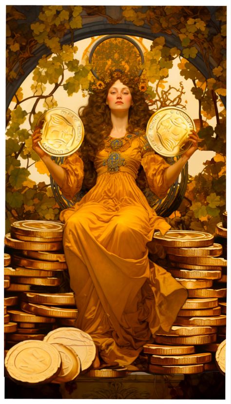 Queen Of Pentacles, Empress Tarot Card, Pentacles Tarot, Lucky Wallpaper, Magick Symbols, Tarot Magic, Tarot Meanings, Magical Life, Spiritual Artwork