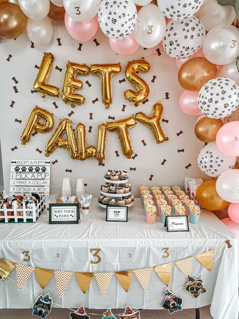 Puppy Pawty birthday set up Dog First Bday 1st Birthdays, Dogs Birthday Theme Party Ideas, First Dog Birthday Puppy Party, Dogs 3rd Birthday Party, Cat And Dog First Birthday Party, 2nd Birthday Dog Party, 2nd Bday Dog Theme, Pets Party Theme, Puppy Party Second Birthday