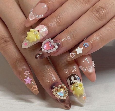 Long Japanese Nails, Pompompurin Nails Acrylic, Yellow Kawaii Nails, Pompompurin Nail Art, Decoden Nails, Sanrio Nails Acrylic, Asian Acrylic Nails, Japanese Nail Art Kawaii, Pompompurin Nails