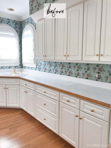 Adding a Wallpaper Backsplash to Our Kitchen - Driven by Decor Wallpaper Backsplash Kitchen, Wallpaper For Kitchen Cabinets, Wallpaper Backsplash, Backsplash Kitchen Ideas, Recessed Lighting Trim, Trending Patterns, Backsplash Wallpaper, Washable Wallpaper, Driven By Decor