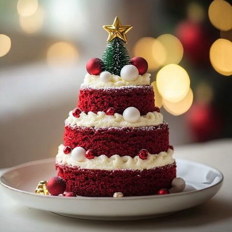 Festive Red Velvet Christmas Tree Cake Recipe Christmas Tree Cake Recipe, Red Velvet Christmas Tree, Velvet Christmas Tree, Red Velvet Christmas, Desserts Fruit, Beautiful Cake Designs, Velvet Christmas, Fruit Bread, Tree Cake