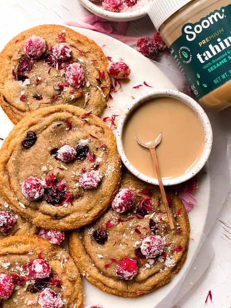 Brown Butter Tahini Cranberry Cookies — the deeper living Cranberry Butter Cookies, 2025 Cookies, Pistachio Brittle, Chewy Sugar Cookie Recipe, Candied Cranberries, Brown Sugar Cookies, Pistachio Butter, Chewy Sugar Cookies, Cranberry Cookies