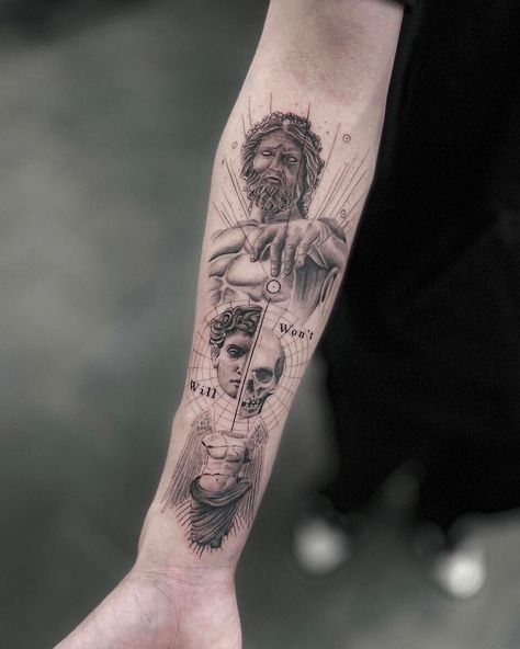 Mythology Tattoos Men, Tattoos Men Forearm, Greek Mythology Tattoos Men, Tattoo Ideas For Men Meaningful, Simple Greek Mythology Tattoos, Forearm Tattoo Ideas For Men, Tattoos Greek, Roman Tattoo, Left Arm Tattoos