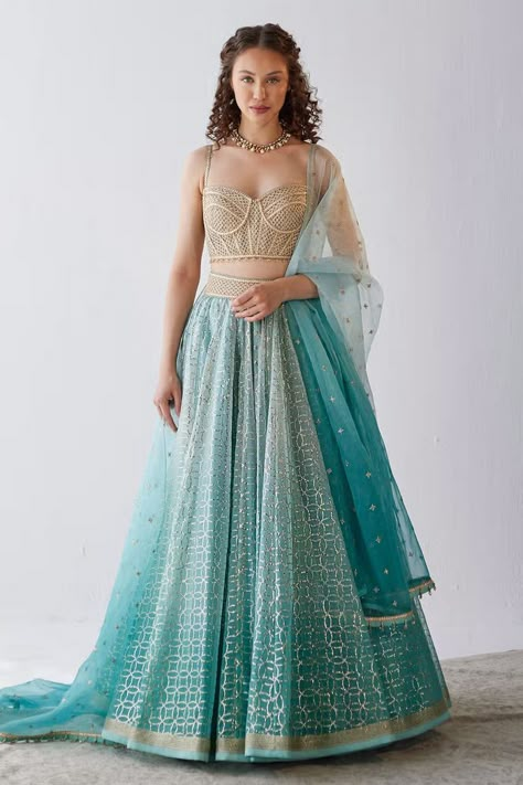 Gorgeous Sangeet Lehengas Under 50k To Dance The Night Away! | WedMeGood Ombre Lehenga, Foil Prints, Simple Lehenga, Blue Organza, Indian Outfits Lehenga, Organza Lehenga, Lehenga Designs Simple, Corset Blouse, Gaun Fashion