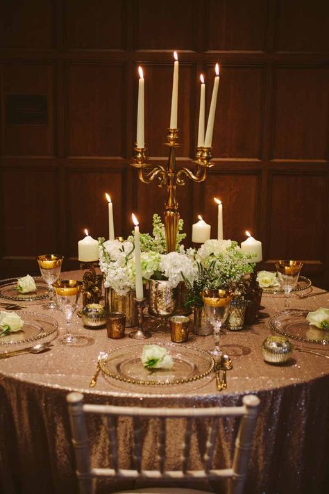 Mismatch Vases Centerpieces, Candelabra Dinner Table, Gold Trumpet Vase Centerpiece Wedding, Candleabras Dining Table, Candle Table Scape Wedding, Candleabras Wedding, Table Foliage, Round Table Decor Wedding, Candleabra Wedding