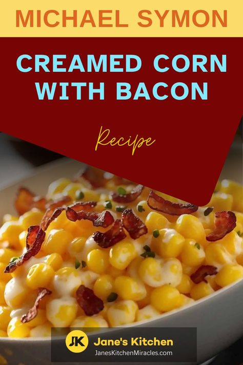 Creamed corn with bacon Creamy Corn With Bacon, Corn With Bacon Recipes, Cream Corn With Bacon, Michael Symon Recipes, Bacon Bits Recipes, Corn With Bacon, Batch Recipes, Michael Symon, Bacon Recipe