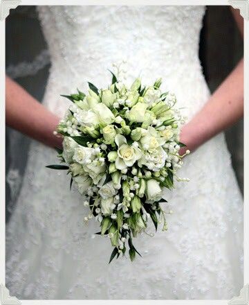 Dainty Teardrop Shaped Wedding Bouquet Featuring Green & White Tiny Spray Roses, Lily Of The Valley & Dark Green Foliage^^^^ Teardrop Bouquet, Small Wedding Bouquets, Shape Ideas, Modern Wedding Flowers, Bridal Bouquet Flowers, Cascade Bouquet, White Wedding Bouquets, Bouquet Arrangements, Fresh Flowers Arrangements