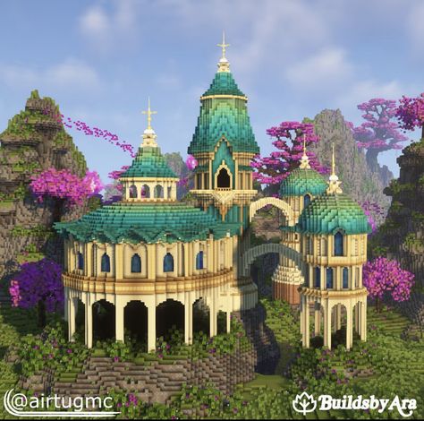 Fantasy Castle Minecraft Ideas, Moss Castle Minecraft, Elven Buildings Minecraft, Minecraft Elven Building Ideas, Minecraft Elven City, Minecraft Elven Village, Rivendell Minecraft, Minecraft Elvish Builds, Minecraft Castle Courtyard