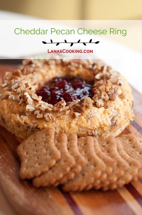 Cheddar Pecan Cheese Ring with Strawberry Preserves - A vintage cheese ring recipe attributed to first lady Rosalynn Carter. Good for any get together from football games, to movie night, to wine parties. From @NevrEnoughThyme http://www.lanascooking.com/cheddar-pecan-cheese-ring-with-strawberry-preserves Cheese Ring With Strawberry Preserves, Cheeseball Recipes, Party Appetizer Dips, Rosalynn Carter, Cheese Ring, Cheese Mold, Ball Recipes, Wine And Cheese Party, Football Snacks