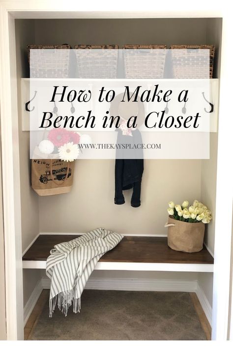 My amazing front entry way closet makeover for very little money. A great space with hooks for coats, baskets for storage and a nice bench to sit on. Coat Closet With Bench, Closet Hooks, Closet Turned Into Mudroom, Entry Way Closet Makeover, Small Entry Closet Ideas, Front Closet Makeover, Entry Closet Makeover, Closet Bench, Entryway Closet Makeover