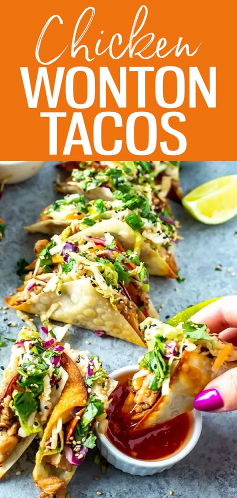 Chicken Wonton Tacos, Wonton Tacos, Chicken Wontons, Crispy Wonton, Wonton Recipes, Think Food, Chicken Dishes Recipes, Asian Dishes, Chicken Dinner Recipes