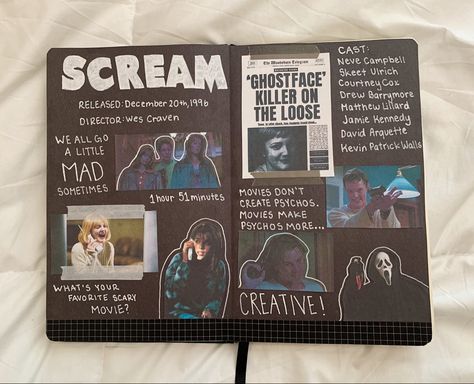 Scream Scrapbook, Movie Review Journal Ideas, Movies Scrapbook, Tv Show Journal, Movie Journal, Film Journal, Diy Photo Book, Scrapbook Book, Art Journal Therapy