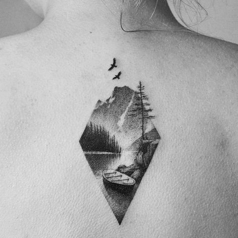 Scenery Tattoo, Camping Tattoo, Lake Tattoo, Mountain Tattoo Simple, Boat Tattoo, Kunst Tattoos, Landscape Tattoo, Forest Tattoos, Nature Tattoo