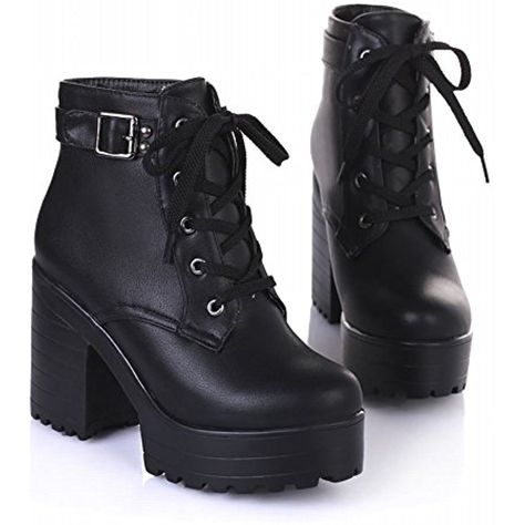 Women's Fashion Platform Ankle-high High-heel Chunky Boots, Lace-up Martin Boots ** You can get additional details at the image link. (This is an affiliate link) #AnkleBootie Celana Jogger Wanita, Boots Plus Size, Punk Shoes, Square Heels, Boots For Short Women, Black Platform Boots, Buckle Ankle Boots, Ankle Shoes, Womens Rain Boots