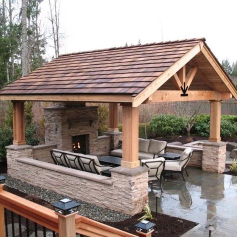 Backyard Covered Patios, Outdoor Covered Patio, Outdoor Fireplace Designs, Outdoor Fireplace Patio, Outdoor Patio Designs, Backyard Fireplace, Patio Fireplace, Backyard Gazebo, Backyard Pavilion