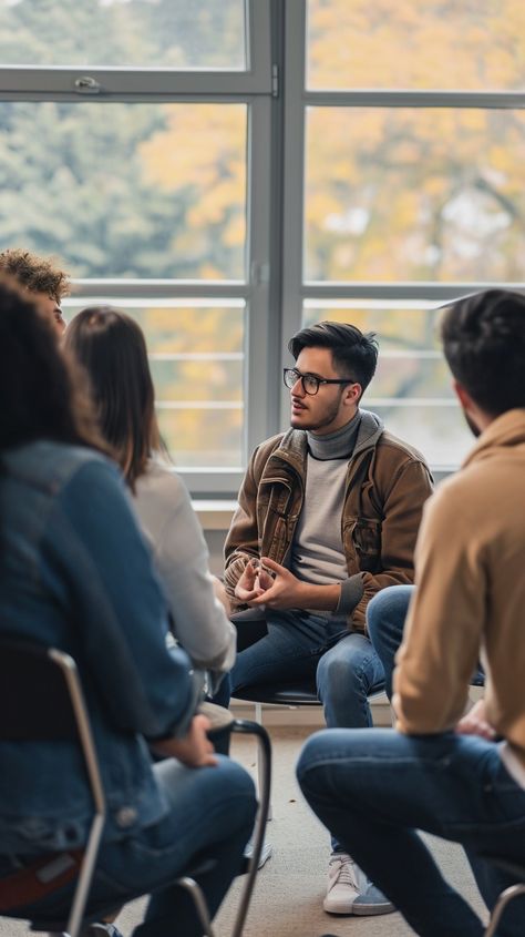 Group Discussion Indoors: A man sits attentively in a circle with peers during a collaborative group discussion indoors. #group #discussion #indoors #meeting #people #man #glasses #jacket #aiart #aiphoto #stockcake https://ayr.app/l/nxAD Group Discussion Images, Groups Of People, Group Of Friends, Career Advice, Italian Style, Creative Words, Personal Development, Fitness Tips, The Fosters