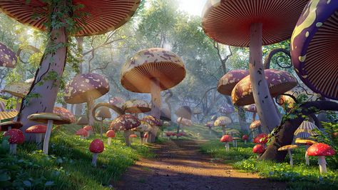 Full CGI Environment. ( 3Ds Max with Corona renderer & Photoshop ) Magical Mushroom Forest, Alice In Wonderland Background, Magical Mushroom, Alice In Wonderland Disney, Pink Mushroom, Mushroom Forest, Alice In Wonderland Theme, Alice In Wonderland Tea Party, Sketches Tutorial