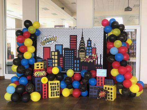 Fun Backdrop for your Superhero birthday party Superhero Event, Superman Theme, Superhero Backdrop, Avengers Birthday Party Decorations, Train Birthday Cake, Superheroes Party, Superhero Baby Shower, Marvel Party, Super Mario Bros Party