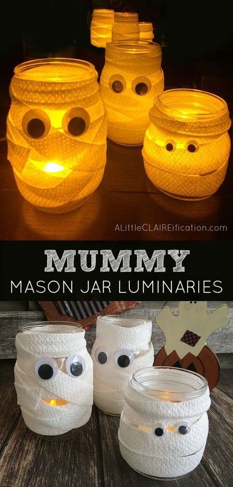 DIY Mummy Mason Jar Luminaries Mason Jar Halloween Decorations, Halloween Mason Jars Diy, Jar Decoration Ideas, Fall Decorations Outdoor, Mason Jar Halloween Crafts, Rustic Fall Decorations, Luminary Diy, Mason Jar Luminaries, Scary Halloween Decorations Diy