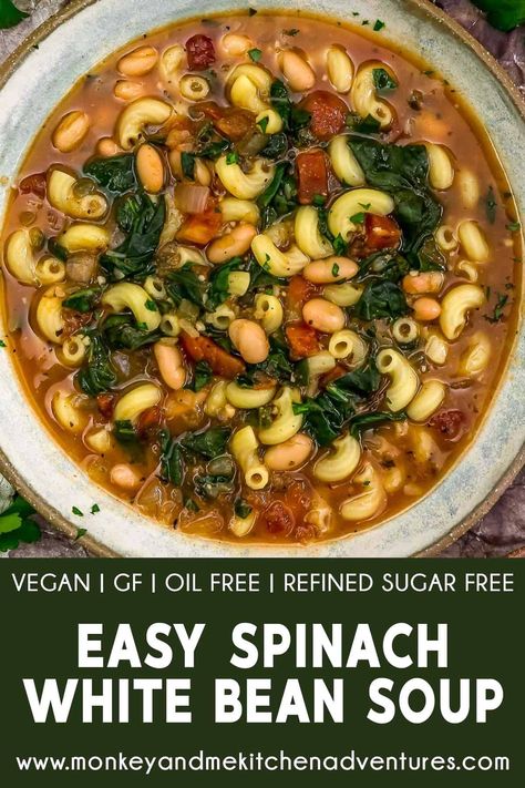 Easy Spinach White Bean Soup - Monkey and Me Kitchen Adventures Spinach White Bean, Plant Based Foods List, Italian Spinach, Clean Eating Soup Recipes, Monkey And Me Kitchen Adventures, Spinach Soup Recipe, Monkey And Me, Clean Eating Soup, Plant Based Soups