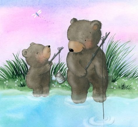 Look what I caught daddy! by Alicia Padron Fishing Illustration, Bear Fishing, Sweet Drawings, Brown Bears, Cute Animal Illustration, Picture Books Illustration, Bear Illustration, Animal Illustrations, Children's Art