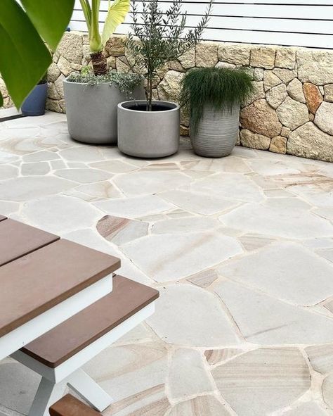 Coastal Backyard, Crazy Pave, Paver Fire Pit, Garden Shed Diy, Sandstone Pavers, Outdoor Bench Seating, Outdoor Pavers, Pavers Backyard, Outdoor Paving