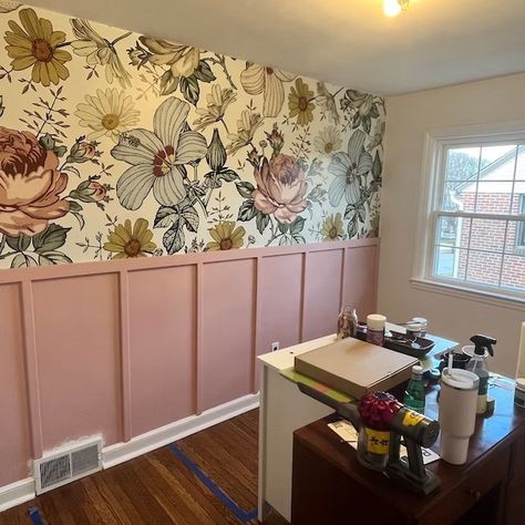 Peel And Stick Wallpaper Bottom Half Of Wall, Floral Wallpaper With Board And Batten, Half Paneled Walls With Wallpaper, Peel And Stick Wallpaper Over Paneling, Wainscoting Boys Bedroom, Wainscoting Kids Bedroom, Girls Room Wainscoting, Board And Batten With Wallpaper Bedroom, Girls Room Board And Batten