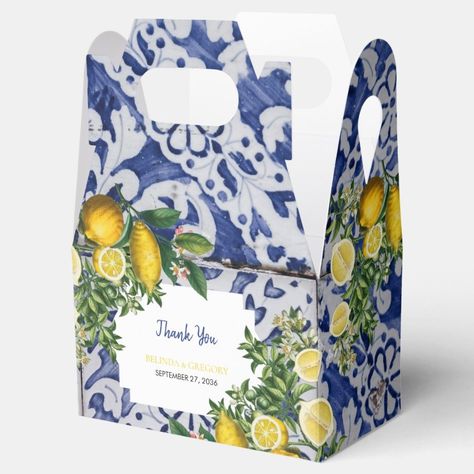 Mediterranean Lemons Portuguese Tiles Wedding  Favor Box  Zazzle Tile Artwork, Floral Wedding Favors, Wedding Favor Box, Mediterranean Design, Traditional Tile, Portuguese Tiles, Wedding Favor Boxes, Blue Tiles, Italian Wedding