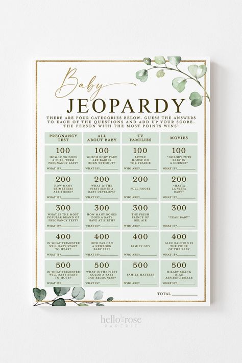 Baby Jeopardy Printable Baby Shower Game . Greenery and Gold . Printable Icebreaker . Sip and See Gender Reveal . Instant Download . G2 #babyshower #etsy #floralandgreenery #icebreakergame #greeneryandgold #watercolorgreenery #bohorusticgames #babyshowergame #greenerybabyshower #bohobabyshower #babyjeopardy #babyshowerjeopardy Baby Jeopardy Questions And Answers, Gender Reveal Game Ideas, Baby Shower Jeopardy, Baby Jeopardy, Ducky Baby Showers, Gender Reveal Games, Gold Printable, Sip And See, Gold Baby Showers