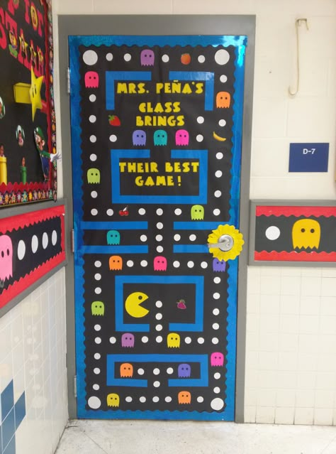 Pac-Man themed door Pacman Classroom Door, Pacman Door Decorations, Game Theme Door Decorations, Art Room Doors, Halloween School Treats, Hand Art Kids, Puppy Room, Math Classroom Decorations, Classroom Welcome