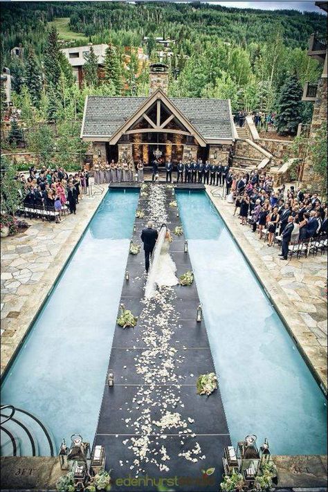 Unique ceremony location - the swimming pool at the Four Seasons Vail in Vail, Colorado. Swimming Wedding, Pool Wedding Decorations, Swimming Pool Wedding, Pool Decking, Pink Monkey, Pool Wedding, Wedding Reception Seating, Light Pink Wedding, Custom Pool