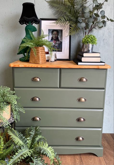 11 Drawer Dresser, Sage Green Refurbished Furniture, Green Diy Dresser, Sage Green Dresser Makeover, Green Dresser Wood Top, Refurbished Tallboy, Dresser Makeover Green, Upcycled Tallboy, Green Wood Furniture