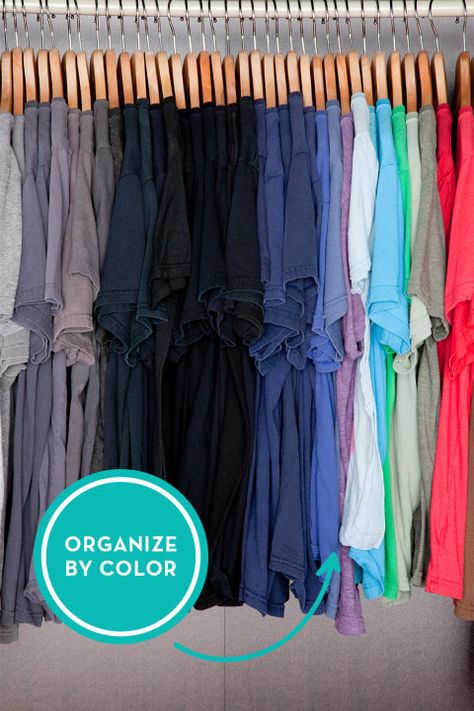 Too many clothes? No problem. "I make my closet appear spacious by simply arranging the clothing according to color," says Jamie Novak, founder of Novak Organizing LLC. Even better: This color trick also works on bookcases when you line up spines in color order. Color Coated Closet, Color Coordinated Closet, Too Many Clothes, Closet Hacks, Rainbow Order, Secret House, Clothes Closet Organization, Pax Wardrobe, How To Fold Towels