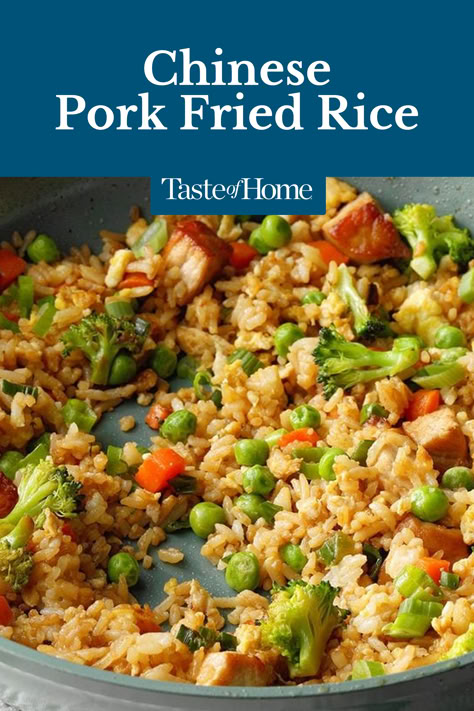 This Chinese pork fried rice recipe tastes just as good as the one from your favorite restaurant! It features tender pork and colorful veggies—and it’s ready to eat in under 30 minutes. #chinesefood #porkfriedrice #dinner Best Pork Fried Rice Recipe, Stir Fry Rice Recipes With Egg, Pork Chinese Recipes Easy, Pork Fried Rice Recipe Chinese, Pork Fried Rice Recipe Easy, Pork Chinese Recipes, Chinese Pork Fried Rice, Pork Fried Rice Easy, Pork Chop Rice Casserole