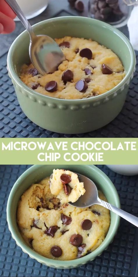 This microwave chocolate chip cookie is the perfect dessert for one! It cooks in only 40-60 seconds for a super quick, sugar fix. Mug Dessert Recipes, Microwave Chocolate Chip Cookie, Microwave Mug Recipes, Microwave Dessert, Cookie In A Mug, Recipes Chocolate, Low Carb Cookies, Mug Recipes, Chocolate Chip Recipes