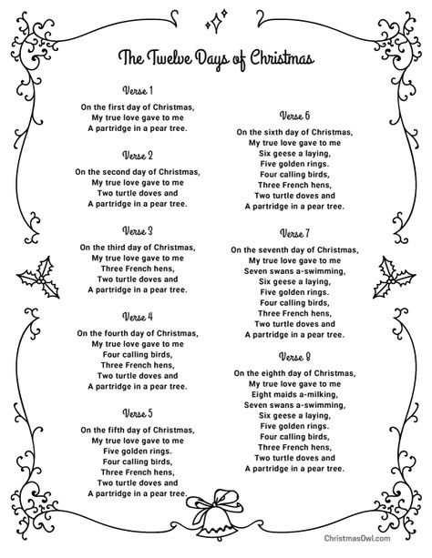 Free printable lyrics for The Twelve Days of Christmas. Download them at https://christmasowl.com/download/lyrics/the-twelve-days-of-christmas/ Xmas Carols Song Lyrics, The Twelve Days Of Christmas, 12 Days Of Christmas Lyrics, Yule Lads, Christmas Carols Lyrics, Christmas Carols Songs, Carol Songs, Christmas Songs Lyrics, Xmas Songs